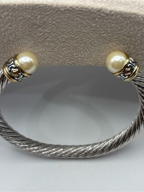 John Medeiros Cuff Bracelet with Pearl Caps and Gold Accents - Silver and Cream